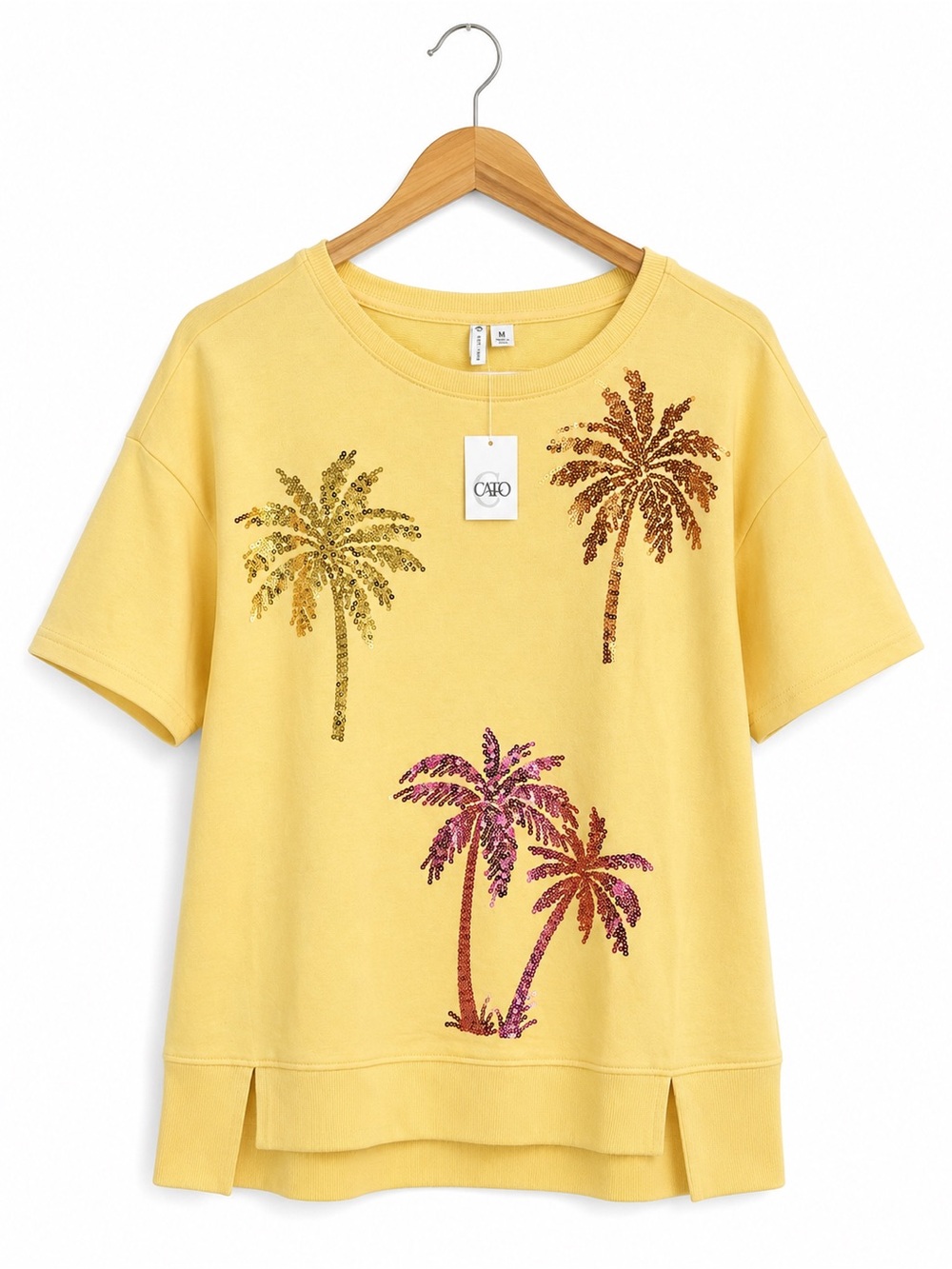 Cato NWT Yellow Sequin Palm Tree Short Sleeve Sweatshirt Top Medium